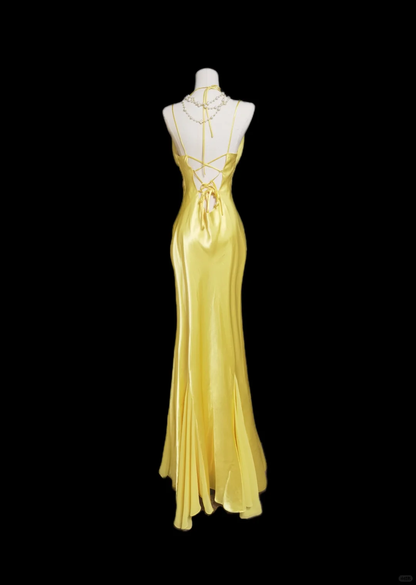 Classy Mermaid V Neck Yellow Satin Long Prom Dress, Party Dress, Evening Dress GG2739