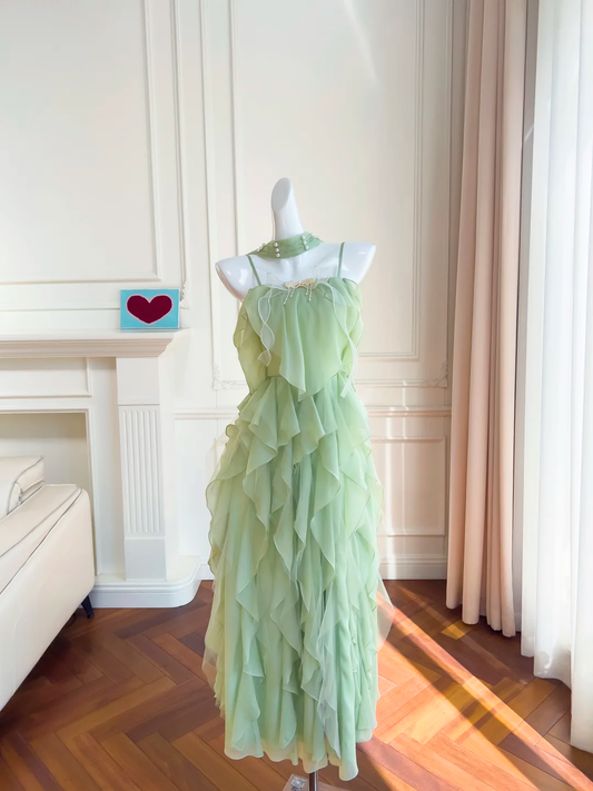Sweet A Line Spaghetti Straps Sage Chiffon Ruffles Long Prom Dress, Party Dress, Evening Dress GG2743