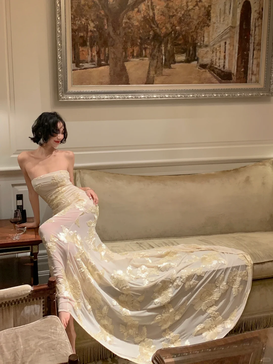 Sexy Mermaid Strapless Satin Tulle Applique Long Prom Dress, Party Dress, Evening Dress GG2756