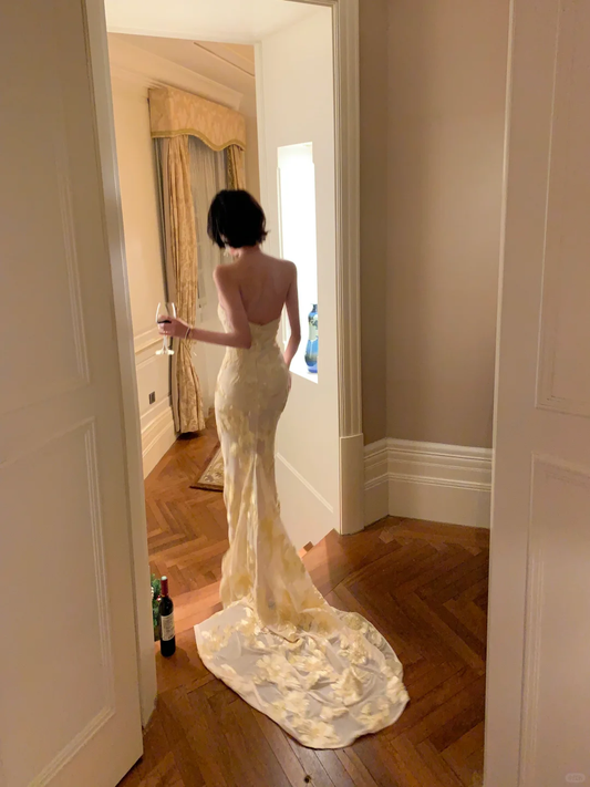 Sexy Mermaid Strapless Satin Tulle Applique Long Prom Dress, Party Dress, Evening Dress GG2756