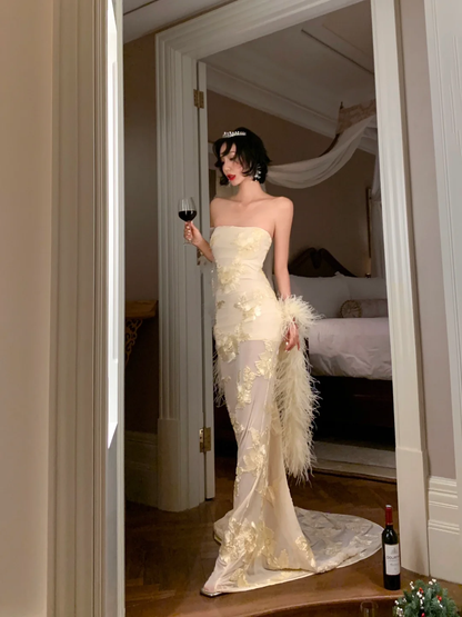 Sexy Mermaid Strapless Satin Tulle Applique Long Prom Dress, Party Dress, Evening Dress GG2756