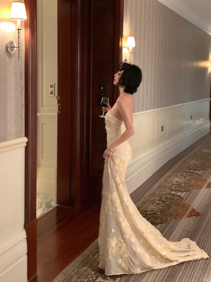 Sexy Mermaid Strapless Satin Tulle Applique Long Prom Dress, Party Dress, Evening Dress GG2756