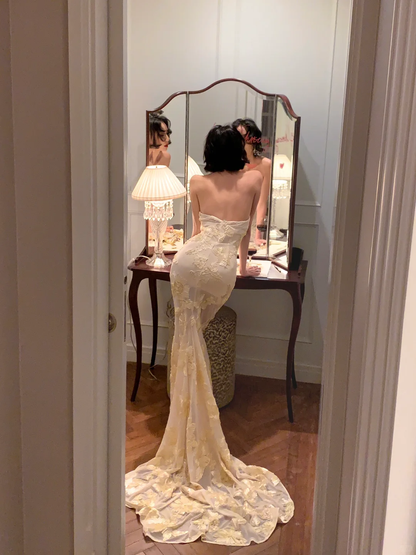 Sexy Mermaid Strapless Satin Tulle Applique Long Prom Dress, Party Dress, Evening Dress GG2756