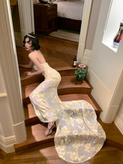 Sexy Mermaid Strapless Satin Tulle Applique Long Prom Dress, Party Dress, Evening Dress GG2756