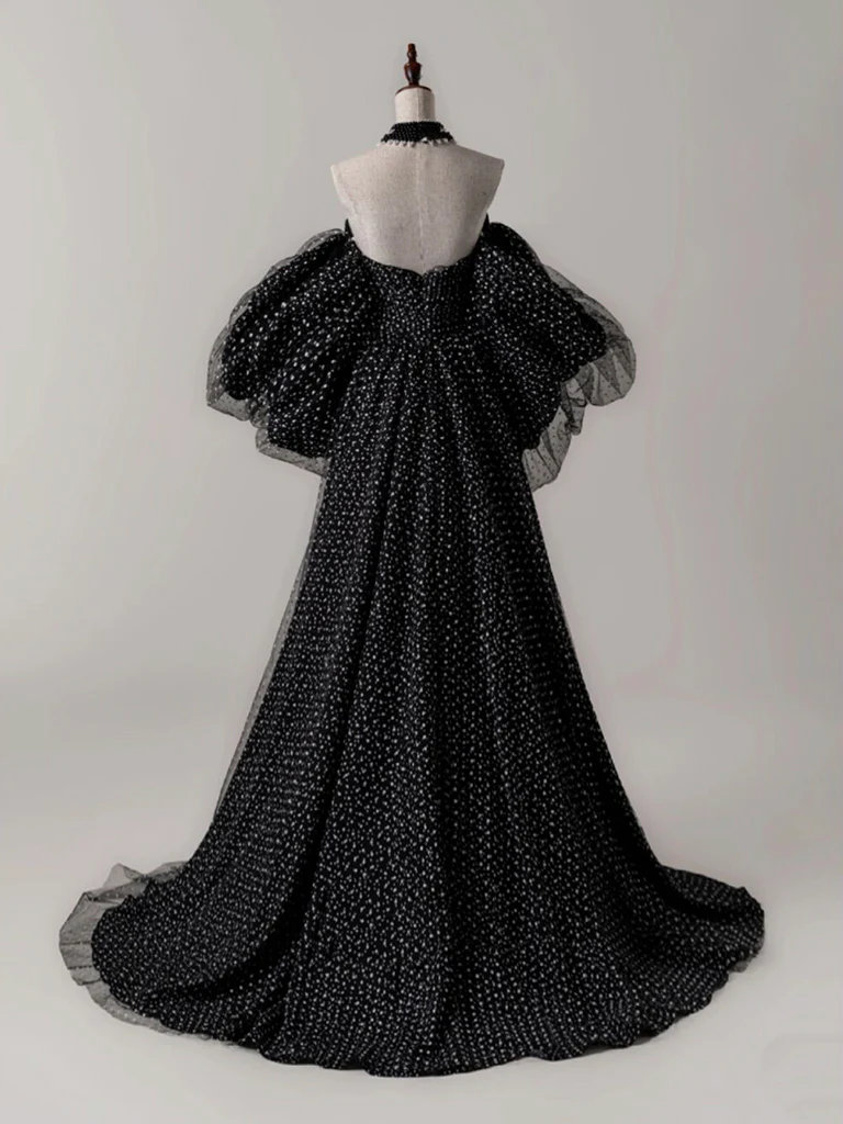 Chic A Line Strapless Off The Shoulder Black Tulle Polka Dots Long Prom Dress, Evening Dress GG275