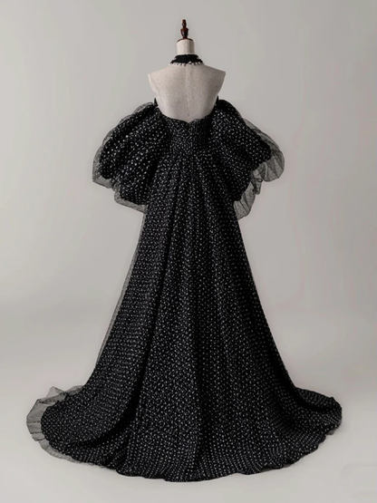 Chic A Line Strapless Off The Shoulder Black Tulle Polka Dots Long Prom Dress, Evening Dress GG275