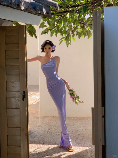 Chic Mermaid One Shoulder Lilac Satin Long Prom Dress, Party Dress, Evening Dress GG2761