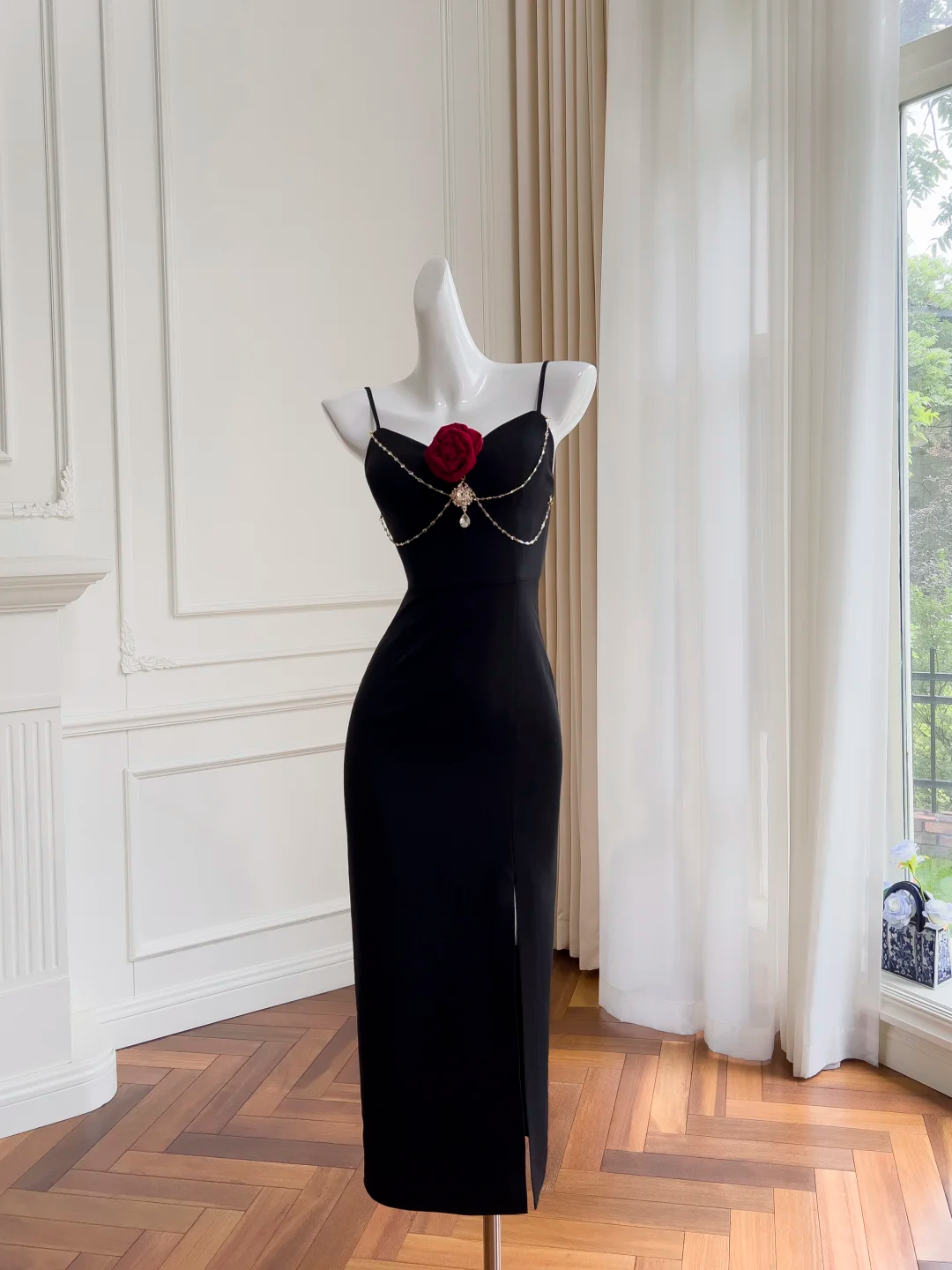 Classy Mermaid Spaghetti Straps Black Satin Slit Long Prom Dress, Party Dress, Evening Dress GG2762