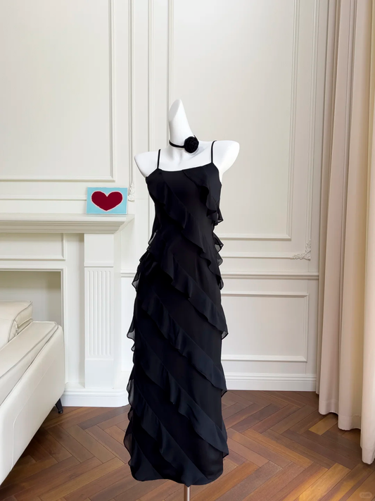 Elegant A Line Spaghetti Straps Black Satin Chiffon Ruffles Long Prom Dress, Party Dress, Evening Dress GG2763