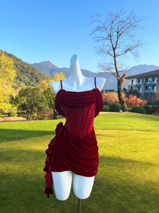 Vintage A Line Spaghetti Straps Burgundy Velvet Short Prom Dress,Homecoming Dress,Birthday Dress GG2765