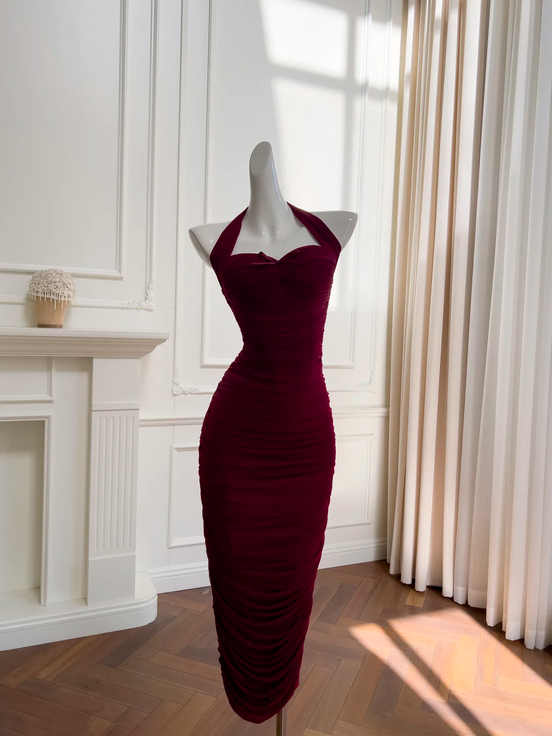 Elegant Mermaid Halter Burgundy Satin Pleated Long Prom Dress, Party Dress, Evening Dress GG2766