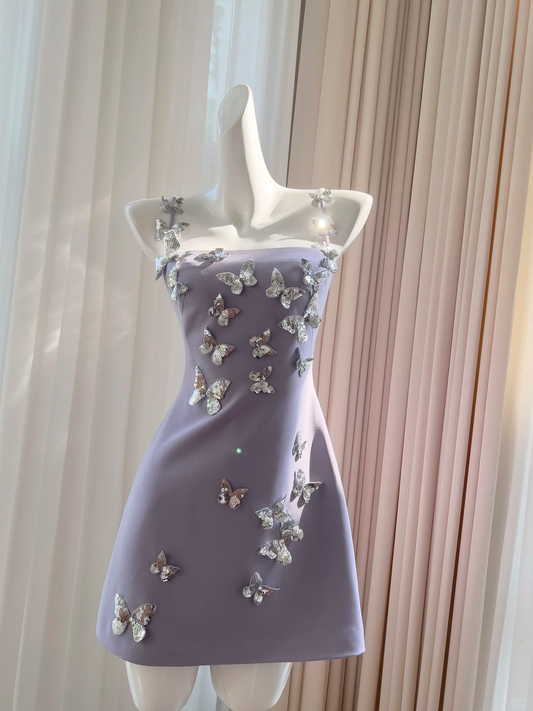 Fairy A Line Spaghetti Straps Lilac Satin Applique Short Prom Dress,Homecoming Dress,Birthday Dress GG2767