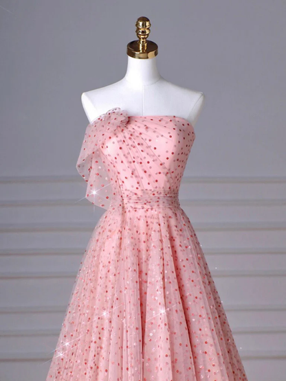 Chic A Line Strapless Peach Tulle Polka Dots Long Prom Dress, Evening Dress GG276