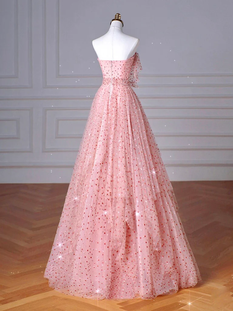 Chic A Line Strapless Peach Tulle Polka Dots Long Prom Dress, Evening Dress GG276
