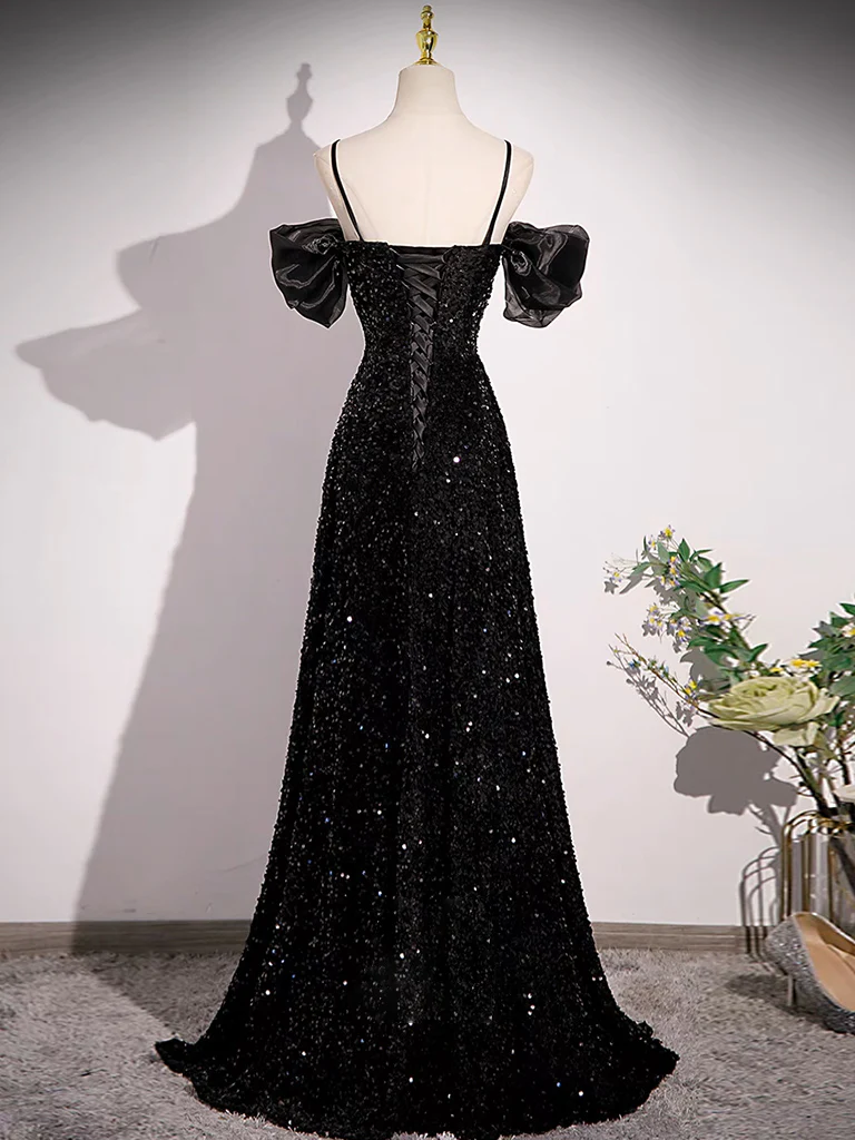 Shiny A Line Off The Shoulder Black Bow Tulle Sequins Long Prom Dress, Evening Dress GG277