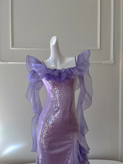 Elegant Mermaid Spaghetti Straps Lilac Sequin Chiffon Long Prom Dress, Party Dress, Evening Dress GG2771