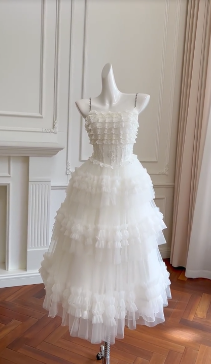 Cute Ball Gown Spaghetti Straps White Lace Tulle Beaded Long Prom Dress, Party Dress, Evening Dress GG2772