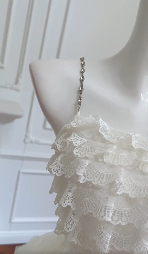 Cute Ball Gown Spaghetti Straps White Lace Tulle Beaded Long Prom Dress, Party Dress, Evening Dress GG2772