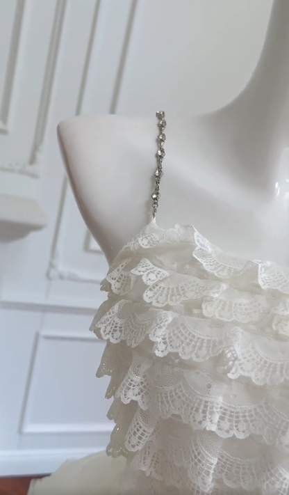 Cute Ball Gown Spaghetti Straps White Lace Tulle Beaded Long Prom Dress, Party Dress, Evening Dress GG2772