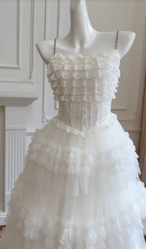 Cute Ball Gown Spaghetti Straps White Lace Tulle Beaded Long Prom Dress, Party Dress, Evening Dress GG2772