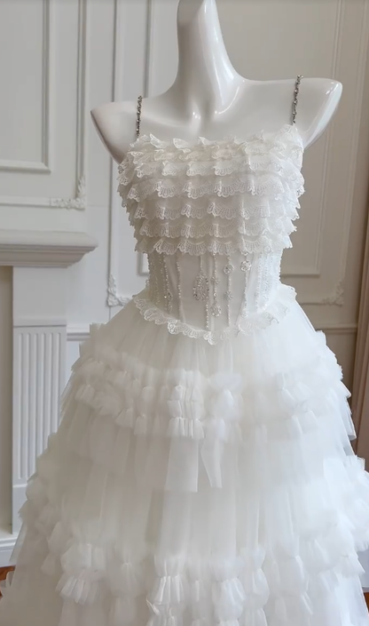 Cute Ball Gown Spaghetti Straps White Lace Tulle Beaded Long Prom Dress, Party Dress, Evening Dress GG2772