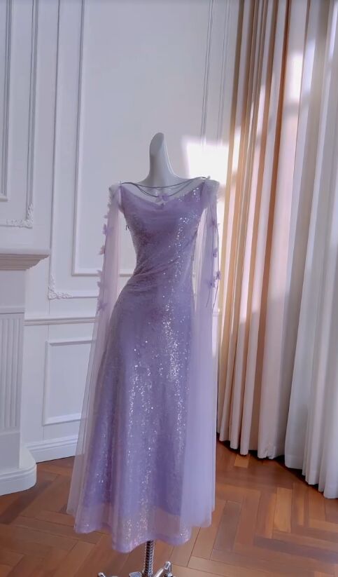Shiny Mermaid Bateau Neck Lilac Sequin Tulle Long Prom Dress, Party Dress, Evening Dress GG2773