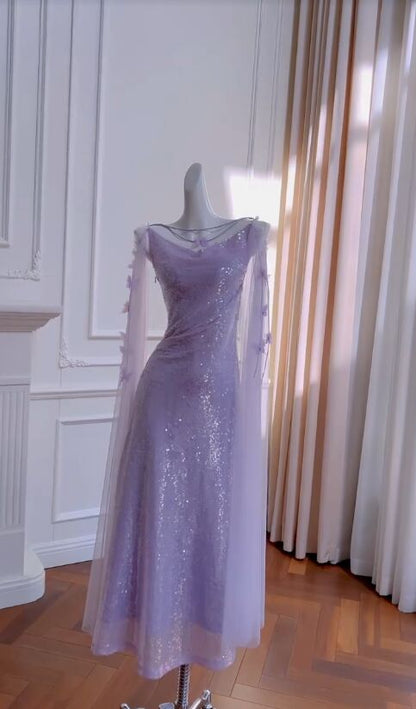 Shiny Mermaid Bateau Neck Lilac Sequin Tulle Long Prom Dress, Party Dress, Evening Dress GG2773