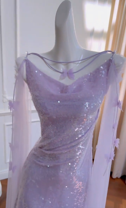 Shiny Mermaid Bateau Neck Lilac Sequin Tulle Long Prom Dress, Party Dress, Evening Dress GG2773