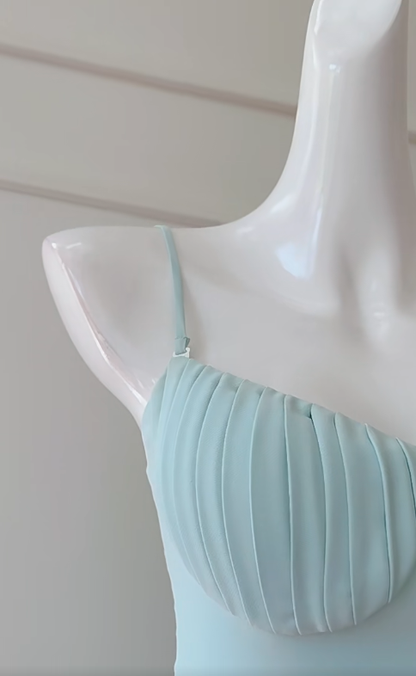 Elegant A Line Spaghetti Straps Light Blue Satin Pleated Long Prom Dress, Party Dress, Evening Dress GG2776