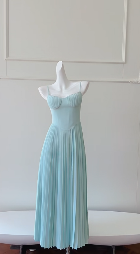 Elegant A Line Spaghetti Straps Light Blue Satin Pleated Long Prom Dress, Party Dress, Evening Dress GG2776