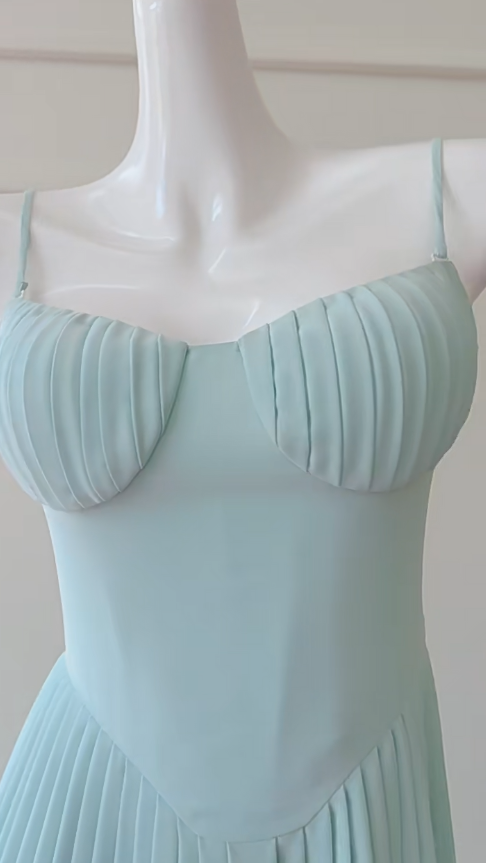 Elegant A Line Spaghetti Straps Light Blue Satin Pleated Long Prom Dress, Party Dress, Evening Dress GG2776