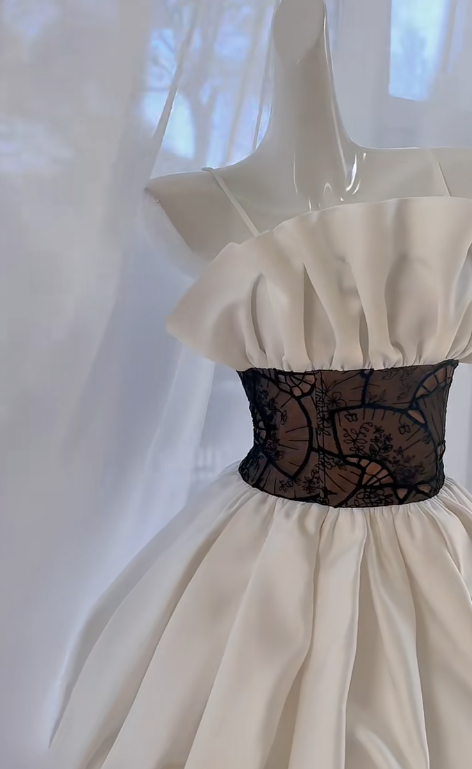 Unique A Line Spaghetti Straps White Satin Lace Short Prom Dress,Homecoming Dress,Birthday Dress GG2777