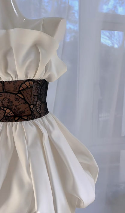 Unique A Line Spaghetti Straps White Satin Lace Short Prom Dress,Homecoming Dress,Birthday Dress GG2777