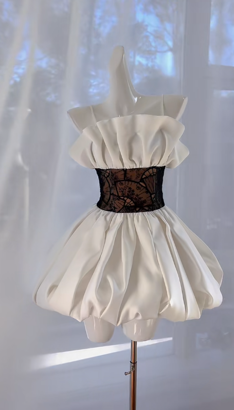 Unique A Line Spaghetti Straps White Satin Lace Short Prom Dress,Homecoming Dress,Birthday Dress GG2777