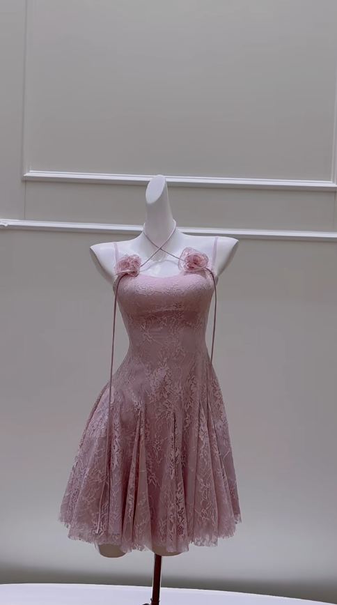 Chic A Line Spaghetti Straps Dusty Rose Lace Short Prom Dress,Homecoming Dress,Birthday Dress GG2780