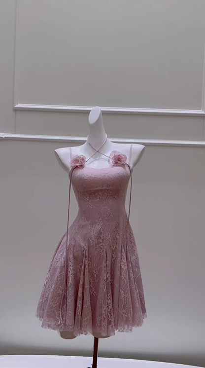 Chic A Line Spaghetti Straps Dusty Rose Lace Short Prom Dress,Homecoming Dress,Birthday Dress GG2780