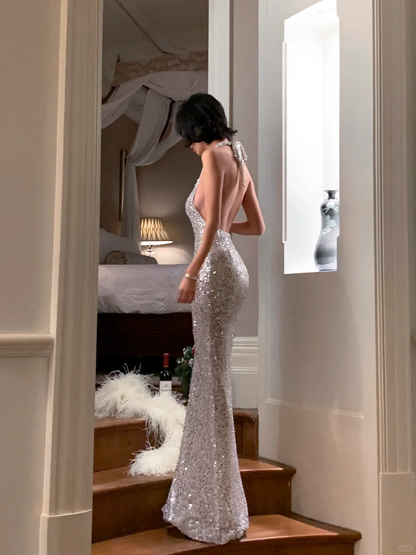 Glitter Mermaid Halter Sequin Long Prom Dress, Party Dress, Evening Dress GG2784