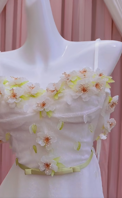 Cute A Line Sapghetti Straps White Tulle Applique Long Prom Dress, Party Dress, Evening Dress GG2786