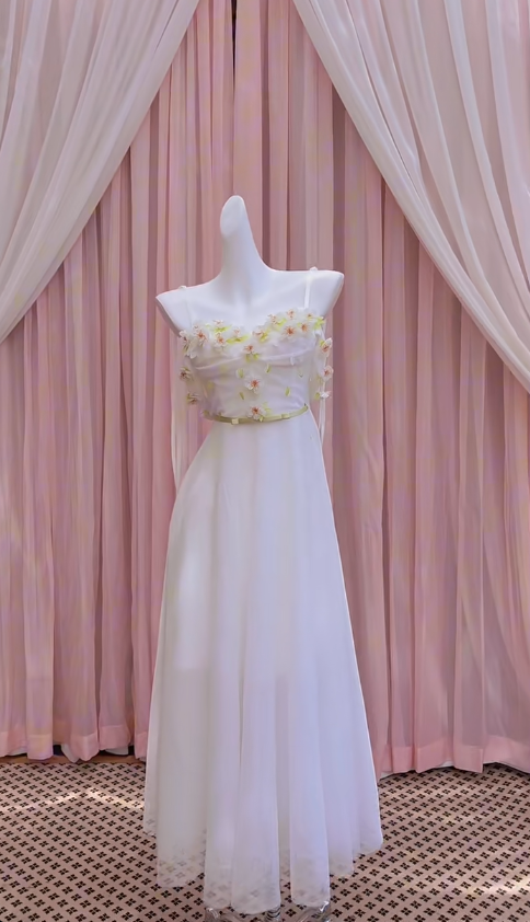 Cute A Line Sapghetti Straps White Tulle Applique Long Prom Dress, Party Dress, Evening Dress GG2786