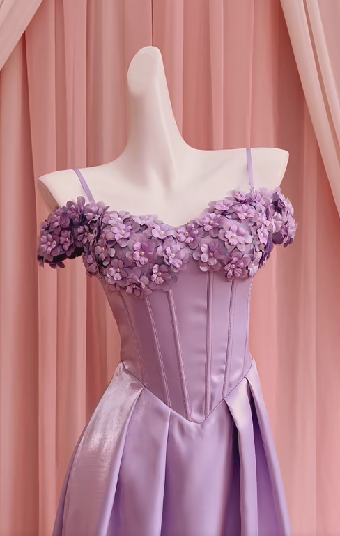 Classy A Line Sapghetti Straps Lilac Satin Applique Long Prom Dress, Party Dress, Evening Dress GG2787