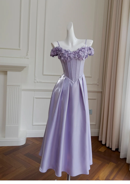 Classy A Line Sapghetti Straps Lilac Satin Applique Long Prom Dress, Party Dress, Evening Dress GG2787