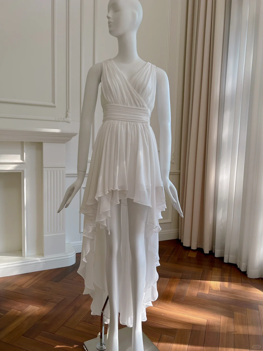 Simple A Line V Neck White Chiffon High-Low Long Prom Dress, Party Dress, Evening Dress GG2788