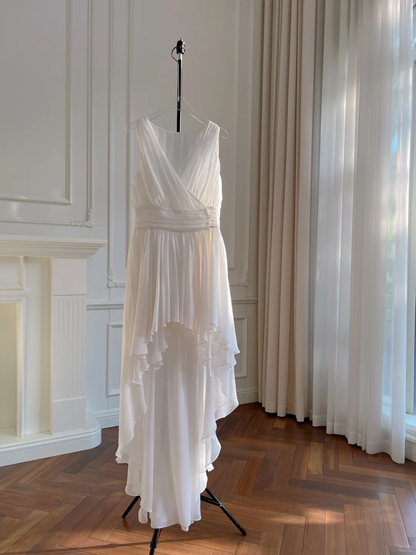 Simple A Line V Neck White Chiffon High-Low Long Prom Dress, Party Dress, Evening Dress GG2788