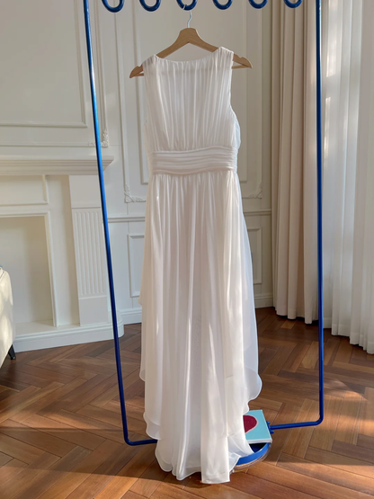 Simple A Line V Neck White Chiffon High-Low Long Prom Dress, Party Dress, Evening Dress GG2788