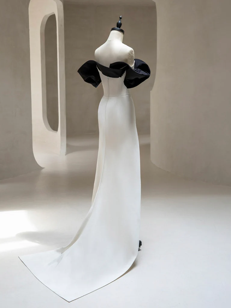 Simple A Line Off The Shoulder Light Lvory Satin Split Long Prom Dress, Evening Dress GG278