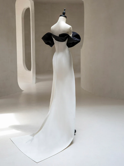 Simple A Line Off The Shoulder Light Lvory Satin Split Long Prom Dress, Evening Dress GG278