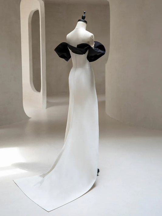 Simple A Line Off The Shoulder Light Lvory Satin Split Long Prom Dress, Evening Dress GG278