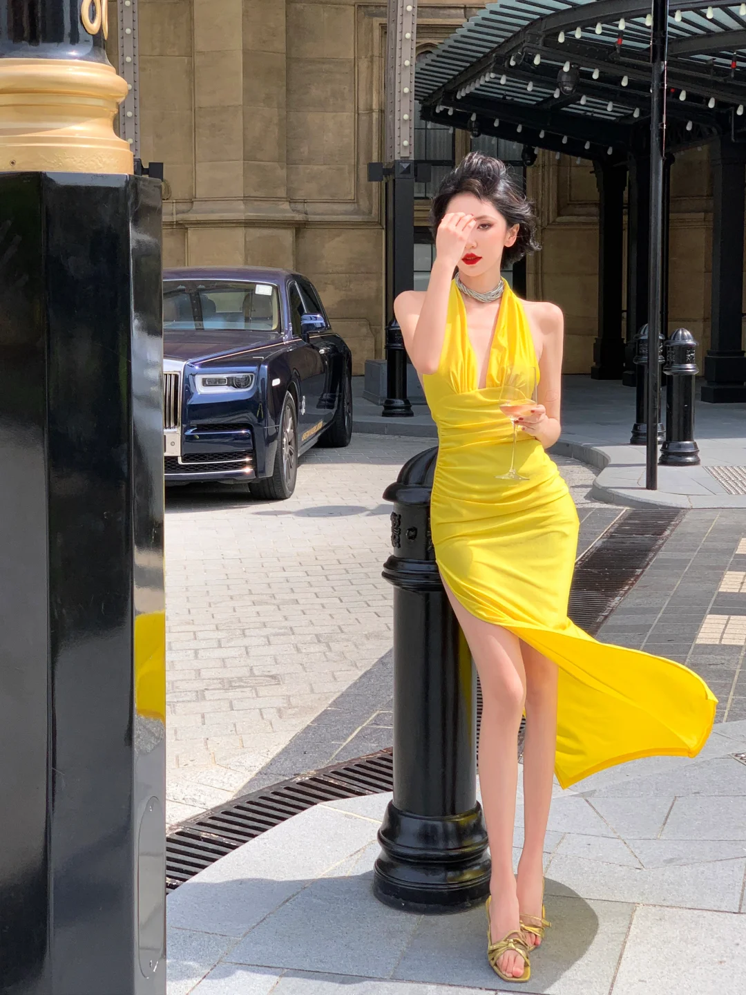 Sexy Mermaid Halter Yellow Satin Slit Long Prom Dress, Party Dress, Evening Dress GG2792