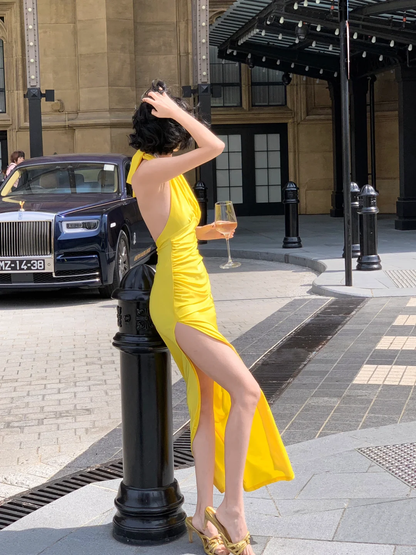 Sexy Mermaid Halter Yellow Satin Slit Long Prom Dress, Party Dress, Evening Dress GG2792