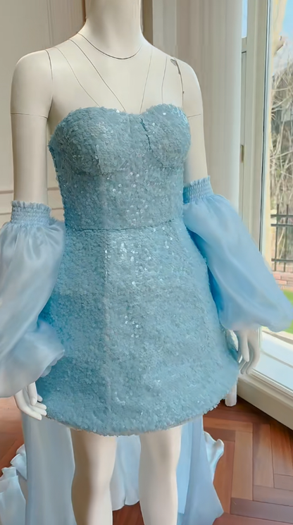 Glitter A Line Strapless Pale Blue Sequin With Train Short Prom Dress,Homecoming Dress,Birthday Dress GG2793